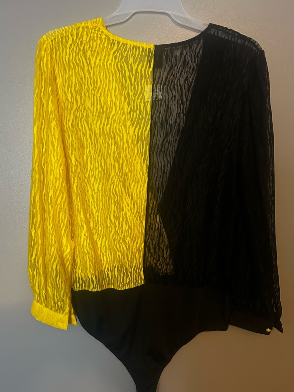 Black and Yellow Sheer Colorblock Long Sleeve Bodysuit - Picture 3 of 3